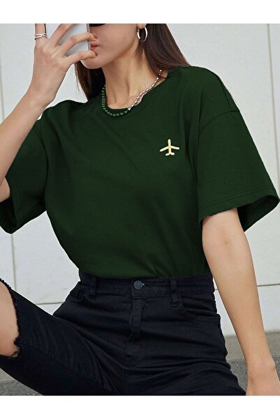 over head oh Ženski avion u zelenoj boji Naphtha, veliki model T-shirt