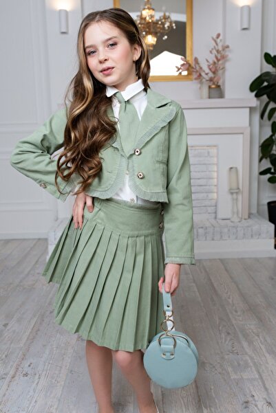 Ribbon kids طقم تنورة وقميص وسترة + حقيبة + ربطة عنق