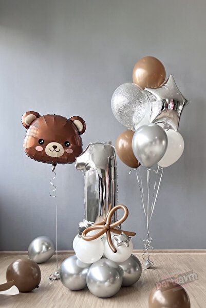PARTİAVM Teddy Bear Ayıcık Gümüş Kahve Balon Silver Seti Ayıcık Balon Set Yaş...