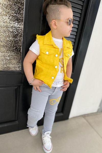 Riccotarz Boy's Eye and Text Printed T-Shirt Zero Sleeve Jean Yellow Vest Bottom Top Set