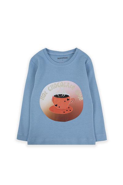 Mavipink Tricou cu mânecă lungă imprimat pentru fete, culoare albastru cer, 100% bumbac, ciocolată fierbinte