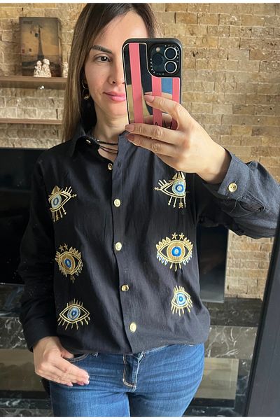 Cardella Oversize Women's Tunic Shirt with Gold Eye Embroidery and Chain and Button Detail