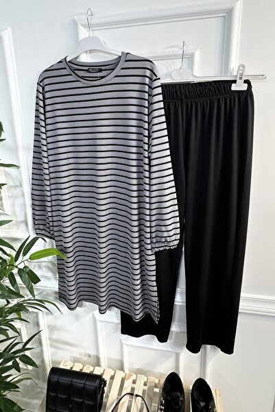 Aşkı Endam طقم توانا مخطط كبير الحجم مكون من قطعتين مرن بالكامل - رمادي