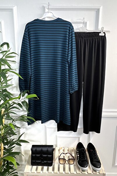 Aşkı Endam Large Size Tuana Striped Corded Full Flexible Double Set - Petrol