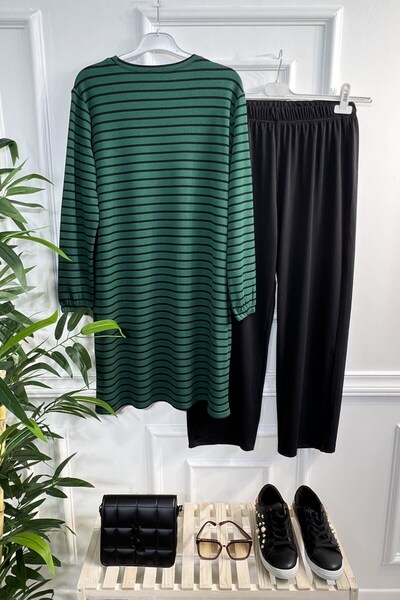 Aşkı Endam Plus Size Tuana Ριγέ Σετ Πλήρως Ευέλικτο Διπλό Σετ - Emerald