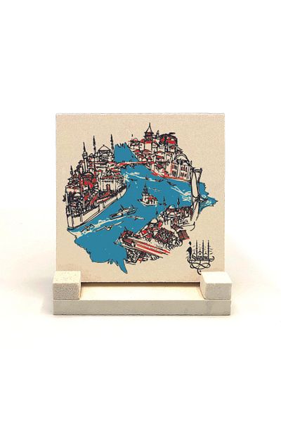 Sadrazam Suport de birou din piatră naturală imprimat Istanbul Strait și Golden Horn 10x10 Krt-31