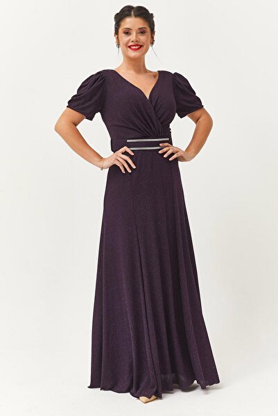 Ebsumu Kadın Büyük Beden Taşlı Kemer Aksesuarlı Uzun Mor Abiye & Davet Elbisesi
