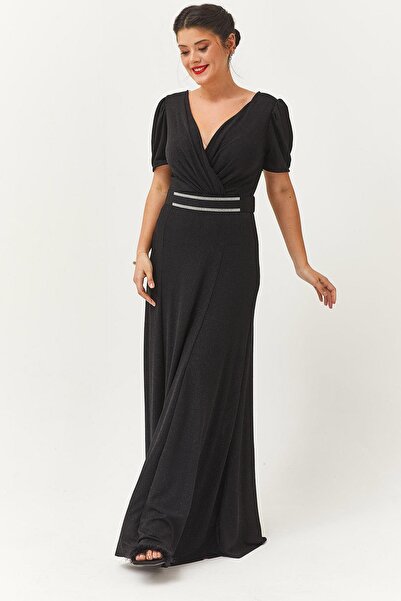 Ebsumu Kadın Büyük Beden Taşlı Kemer Aksesuarlı Uzun Siyah Abiye & Davet Elbisesi