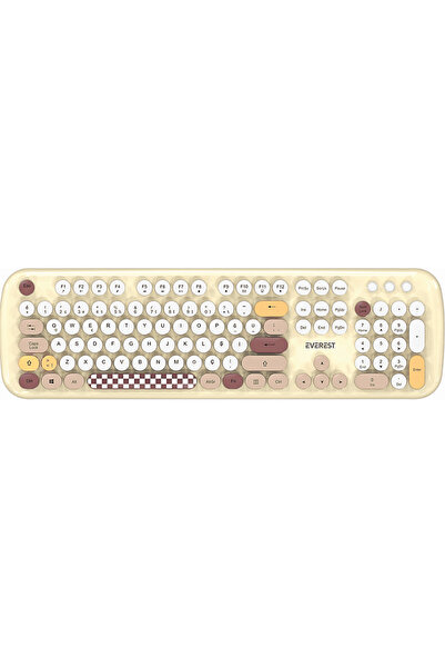 Everest KM-6284 Uyumlu Whisker Renkli Tuşlu Kablosuz Q Klavye + Mouse Set Bej