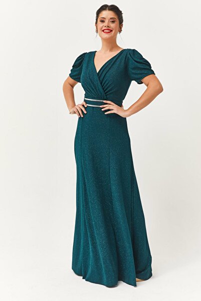 Ebsumu Kadın Büyük Beden Taşlı Kemer Aksesuarlı Uzun Yeşil Abiye & Davet Elbisesi