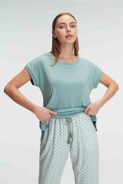 Anıl 9919 Short Sleeve Crew Neck Women's Viscose Flower Patterned Summer Knitted Regular Waist Pajamas Set