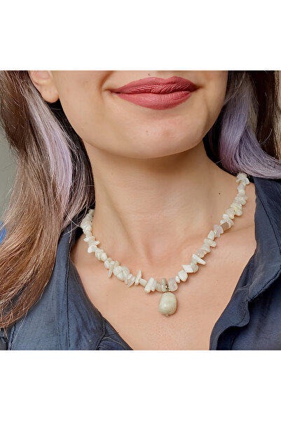 Elifsu Jewelry Moon Stone Cut Ended Natural Stone Necklace