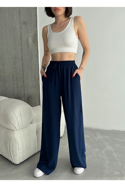 Laluvia Marineblaue elastische Hose mit weitem Bein