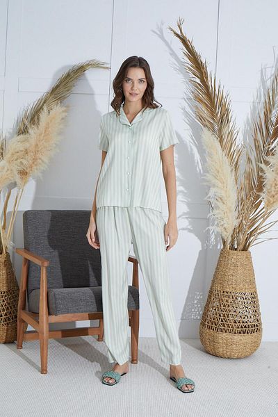 Sevim Women's Short Sleeve Front Buttoned Water Green Pajamas Suit C6T2N951