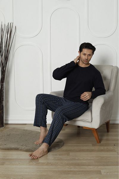 PİJAMOOD Navy Blue Plaid Men's Pajama Set