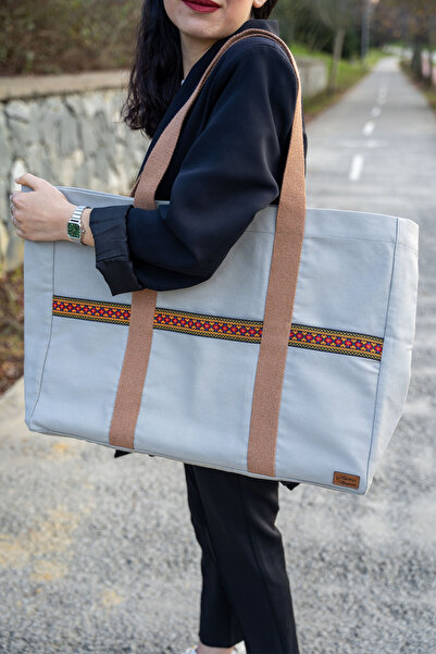 Ju Yaratıcı Tasarım Canvas Shoulder Bag Waterproof Fabric Oversized Stone Color