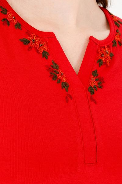 Desen Triko Women's Open Collar Long Sleeve Embroidered Combed Cotton Blouse Red
