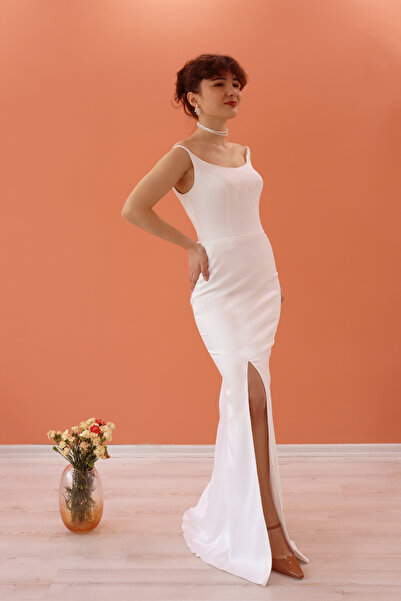 Kısmet Duru Saten Etek Sade Minimalist Beyaz Elbise