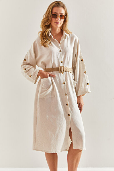 Bianco Lucci Lněné košilové šaty – slaměný pásek, dámské,60171014