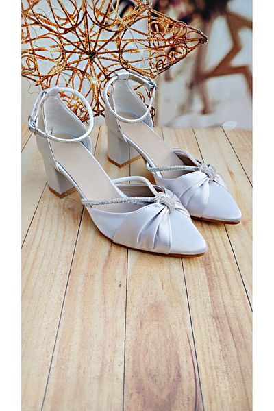 Modavien pantofi de seara din satin cu toc argintiu de 5 cm grosime