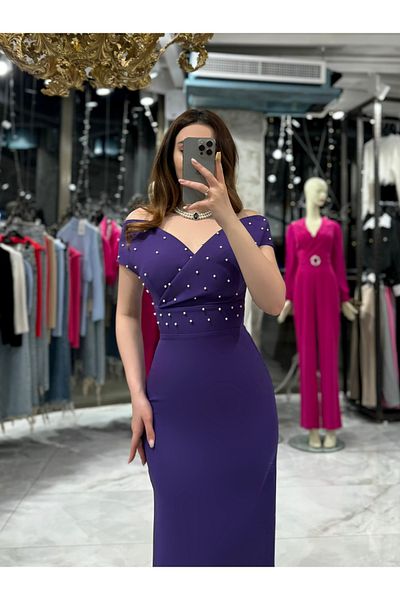 missswans JERA Pearl Detailed Madona Collar Midi Length Evening Dress-Purple