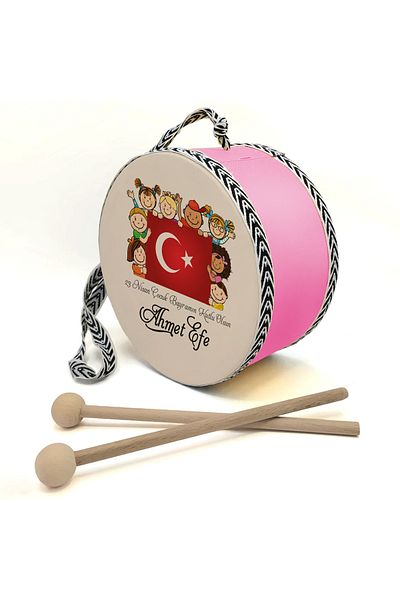 Sadrazam Children's Drum with Flag, Pink, Genuine Leather