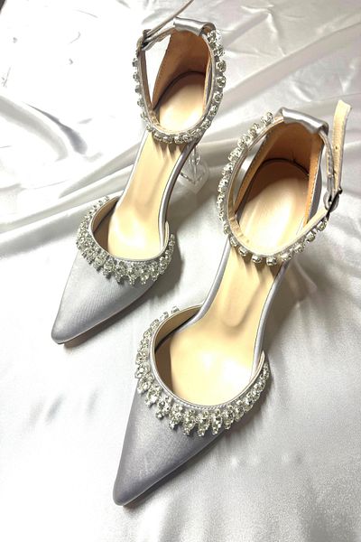 TrendyAnka Satin Silver Crystal Stone 8 Cm Transparent Heeled Pointed Toe Evening Dress Shoes