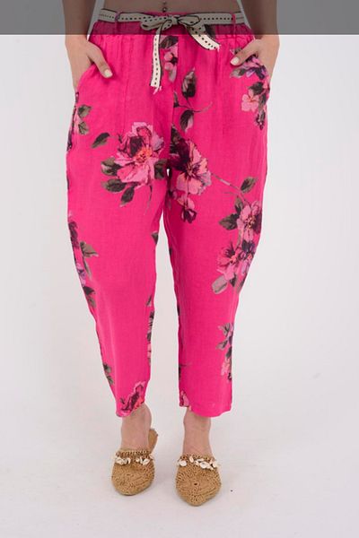 AYASOFYA OTANTIK Women's Fuchsia Italian Elastic Waist Belt Detailed Flower Pattern Carrot Linen Trousers