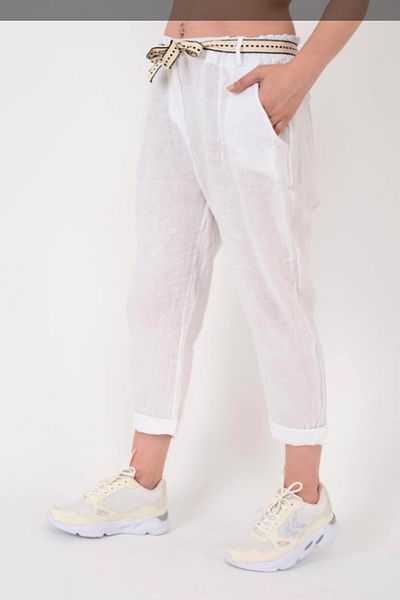 AYASOFYA OTANTIK Women's Italian White Elastic Waist Belt Detailed Carrot Linen Trousers