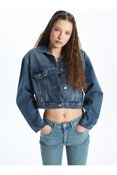 LC Waikiki Gerade geschnittene Jeansjacke mit Hemdkragen und langen Ärmeln für Damen