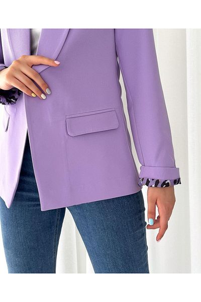 pembekurdelem Women's Sleeve Foldable Liner Leopard Pattern Buttonless Blazer Jacket Lilac