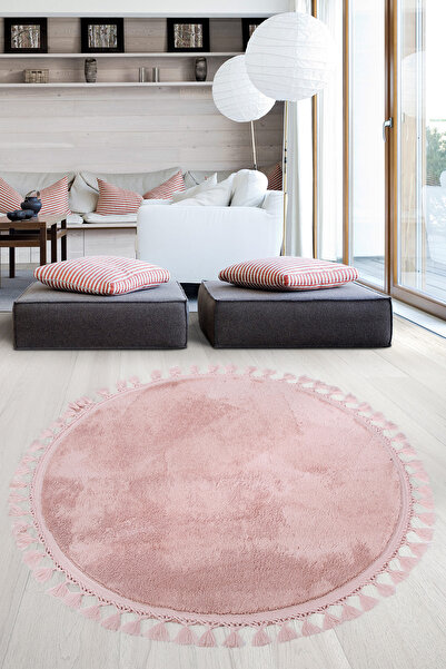 AVANTAJ Relax Pudra Yuvarlak Saçaklı 100x100 Cm Peluş Kaymaz Tabanlı Makinede...