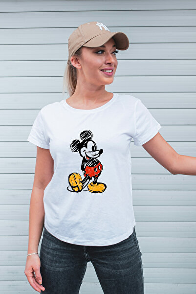 AEMİ Tricou alb supradimensionat, 100% bumbac, cu imprimeu Mickey Mouse pentr...