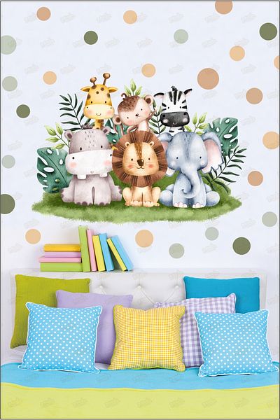 PANDA SOKAĞI Safari Forest Animals and Polka Dot Sticker Set, Children's Room Wall, Glass, Furniture Sticker Set