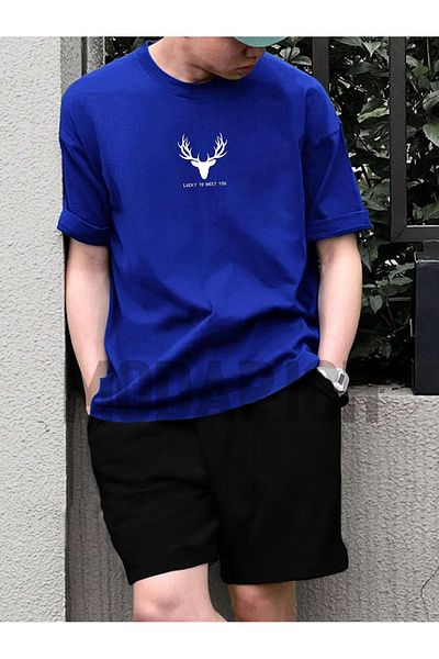 MODARİCH Lucky Deer Horn Sax BlueT-Shirt Black Shorts - Shorts T-Shirt Bottom Top Team Printed Crew Neck