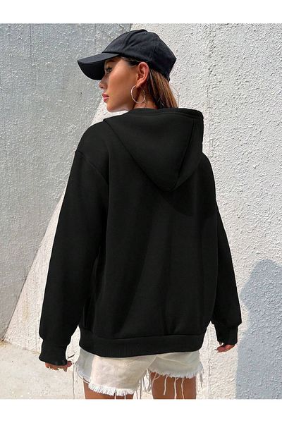 MODARİCH Adventure Mountain Cardigan - Black Printed Winter Oversize Hooded Zipper Pocket Detailed Cardigan