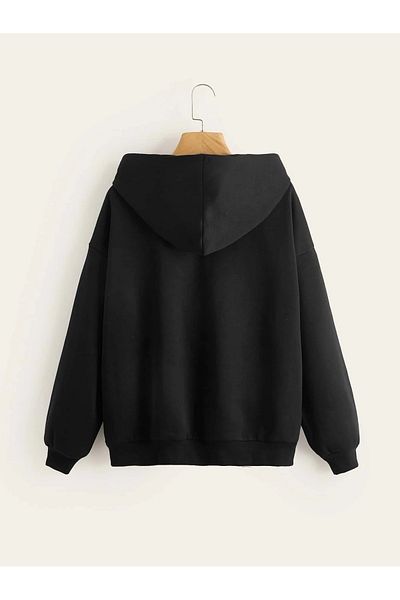 MODARİCH Cardigan cu text înger - Cardigan cu glugă supradimensionat de iarnă cu imprimeu negru și buzunar cu fermoar
