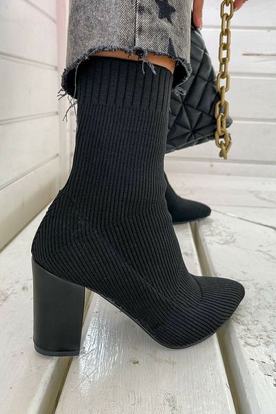 Allyup Ghete de tricotaj negre - Pantofi casual de damă, cu dungi, vârf ascuțit, cu toc înalt gros elastic 167