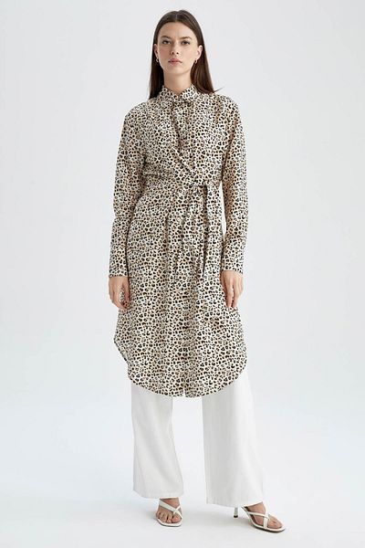 DeFacto Regular Fit Shirt Collar Leopard Pattern Long Sleeve Tunic X6548az22au