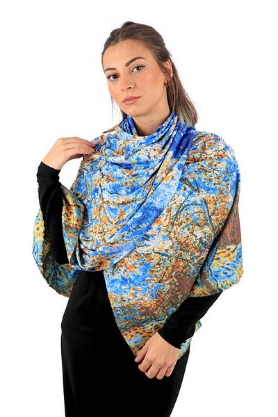 Bursa İpek Blue Peach Tree Pattern Winter Shawl