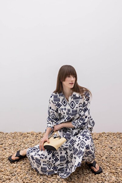 DeFacto Shirt Collar Patterned Terry Cotton Maxi Half Sleeve Dress Z9109az23sp