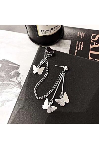 Acousticworld Retro Vintage Kelebekli Zincirli Çiftli Küpe Çelik Aksesuar