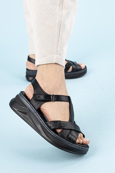 Getcho Manu Taba Negru Femei Zilnic Talpă anatomică Sandale confortabile cu velcro Pantofi de vară cu talpă moale