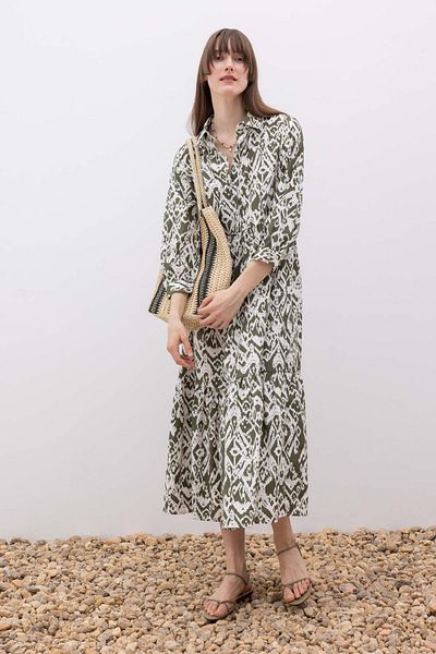 DeFacto Shirt Collar Patterned Terry Cotton Maxi Half Sleeve Dress Z9109az23sp