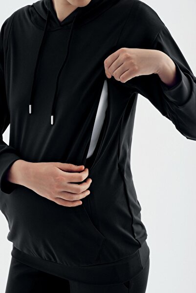 Artış Uzun Kollu Emzirme Bölmeli Kapüşonlu Jogger Esnek Hamile Eşofman Takımı