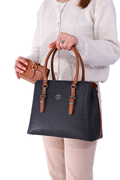 By Hakan Jn-1320 Combinație portofel în relief Geantă de mână și de umăr pentru femei Negru-brun