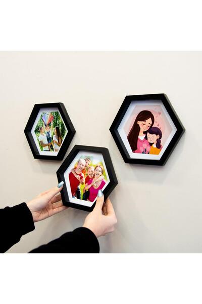 Nobbystar Adhesive Plug-in Medium Black Hexagonal Photo Frame - Pack of 3