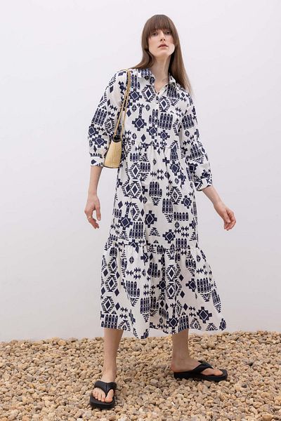DeFacto Shirt Collar Patterned Terry Cotton Maxi Half Sleeve Dress Z9109az23sp