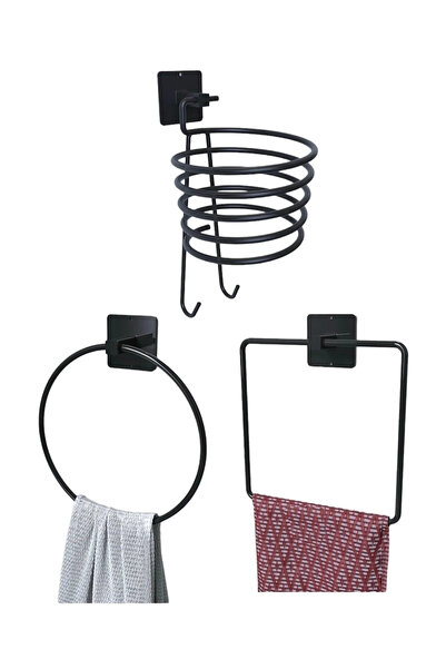 CEPHOME طقم لاصق معدني أسود مكون من 3 قطع - حامل مناشف دائري ومربع