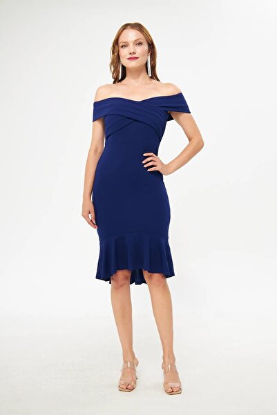 vuvutasarım Креп-тканина, перехресний комір, деталізований вузький крій, сукня середньої довжини Emr-086